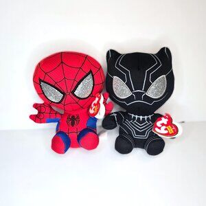 2 Marvel TY Beanie Babies - 6" SPIDER-MAN and BLACK PANTHER Plush Toy - New